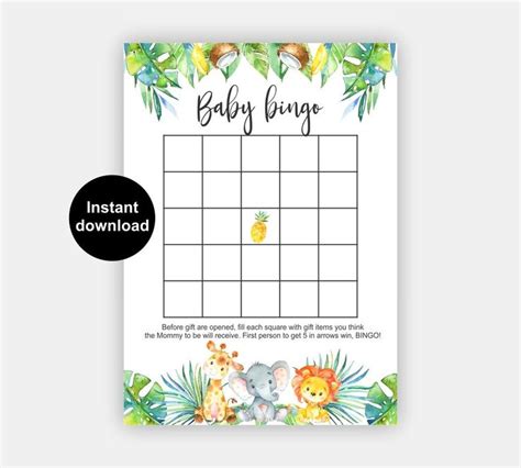 Bingo Baby Shower Jungle Baby Shower Printable Bingo Game Etsy Baby