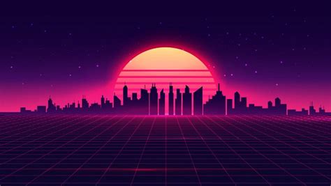Retro Futuristic Synthwave Retrowave Styled Night Cityscape With Sunset