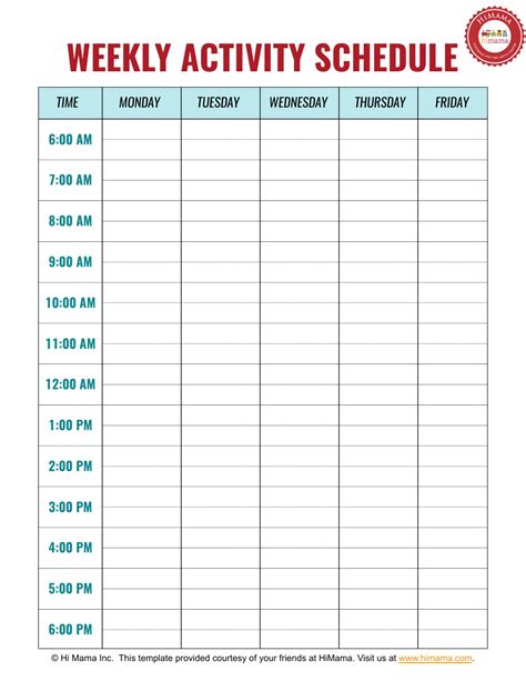 Weekly Activity Schedule Template Monday To Friday Hi Mama Download