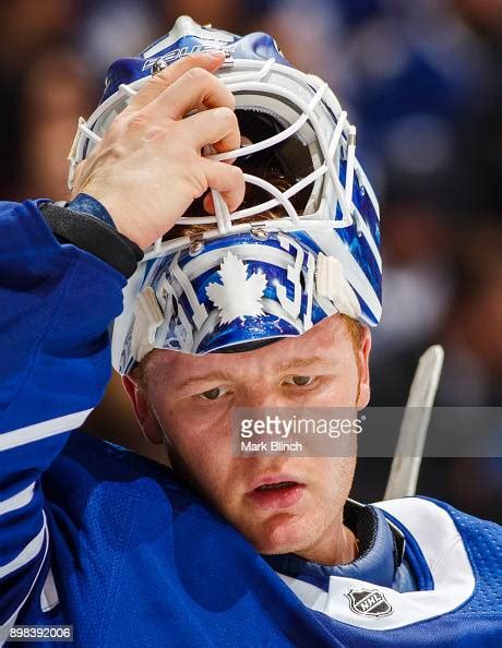 Frederik Andersen Of The Toronto Maple Leafs Puts On His Mask Against