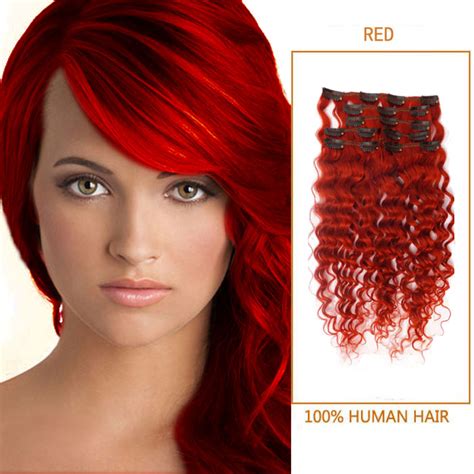 26 Inch Brilliant Red Clip In Human Hair Extensions Curly 7 Pieces