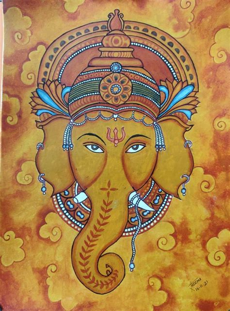 Lord Ganesh Kerala Mural Painting 8 X 12 International Indian