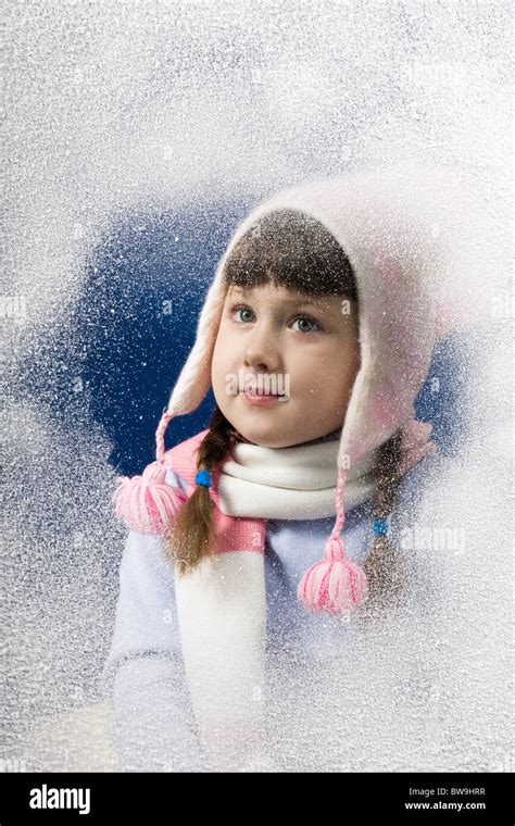 Photo Of Pretty Little Girl Behind Frosted Window Looking Through It