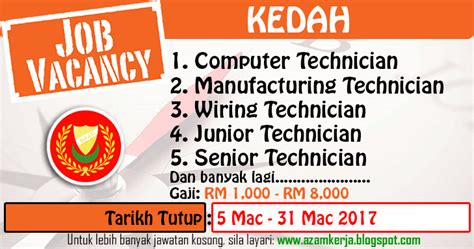 Senarai jawatan kosong kerajaan yang boleh dipohon oleh lulusan spm dan sijil. Jawatan Kosong Technician di Kedah | Mac 2017 ~ Jawatan ...