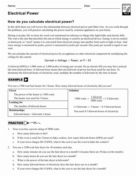 50 Electrical Power Worksheet Answers