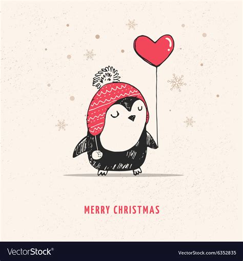 Cute Hand Drawn Penguin With Red Heart Balloon Vector Image