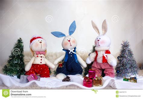 Christmas Toy Rabbits On The Background Trees Stock Image Image Of