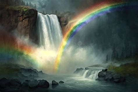 Rainbow Over A Waterfall Surrounded By Mist And Raindrops Stock