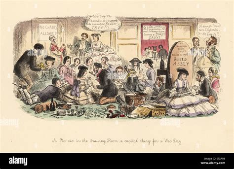 Picnic In The Drawing Room A Capital Thing For A Wet Day 1859 Satirical Print Showing