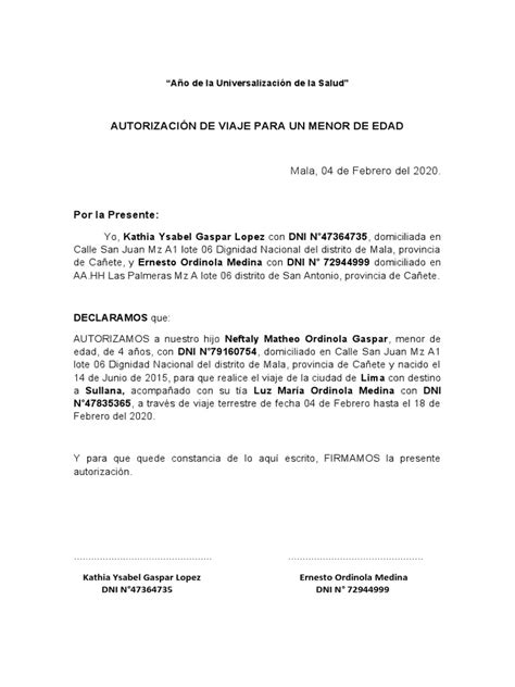 Carta De Autorizacion De Viaje De Menor De Edad 2020 Pdf
