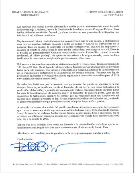 Esta Es La Carta De Renuncia Del Gobernador Ricardo Rosselló