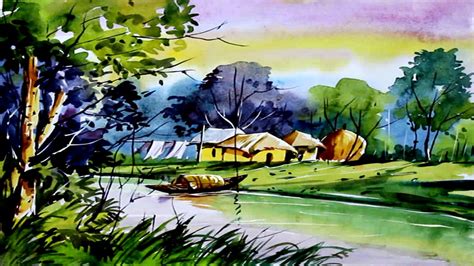 Village Easy Landscape Watercolor Painting For Beginners Krysztalowe