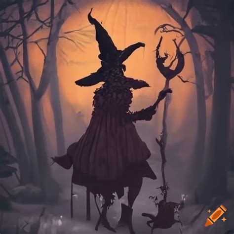 Dark Forest With Pumpkin And Witches