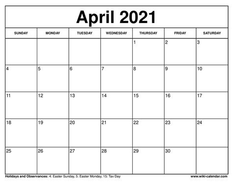 Free Printable April 2021 Calendar Printable Templates