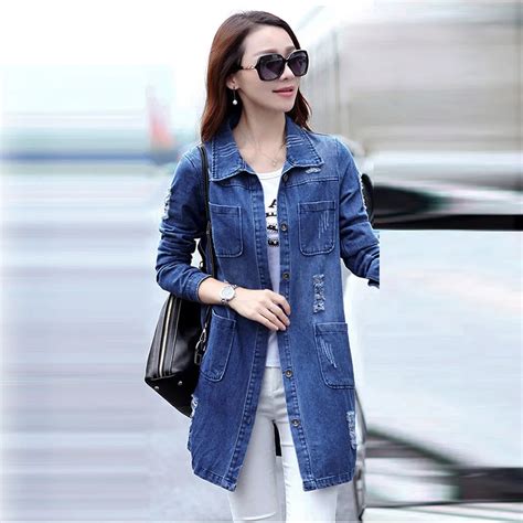 Women Basic Jean Overcoat Female Autumn Winter Fashion Korean Slim Denim Jean Jacket Coat Long