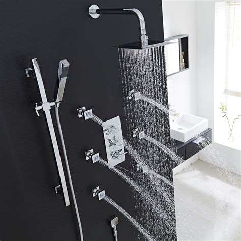 Thermostatic Shower System With Curved Arm Slide Rail Kit And 6 Body Jets