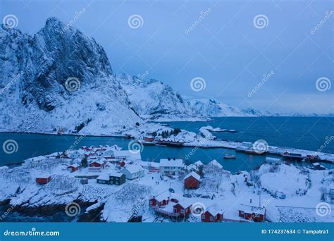 Aerial View Of Norwegian Fishing Village In Reine City Lofoten Islands