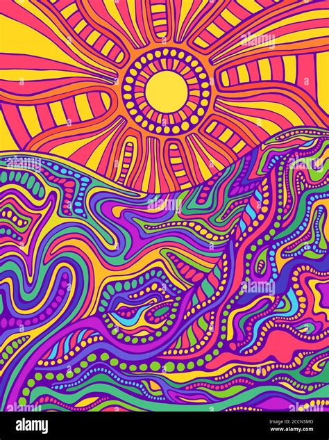 Retro Hippie Style Psychedelic Landscape With Sun And Mountains Stock