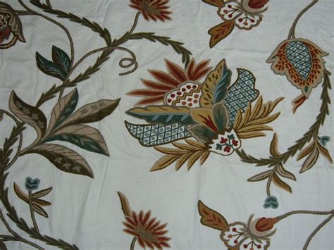 Crewel Fabric Flora Multi Color On White Cotton Traditional
