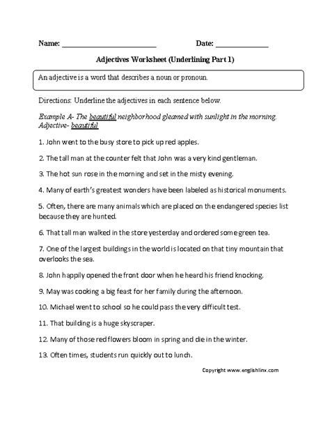 regular adjectives worksheets underlining adjective worksheet