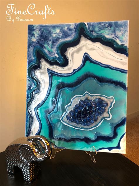 Sold Teal Blue Geode Painting Resin Geode On Canvas Wall Art Abstract