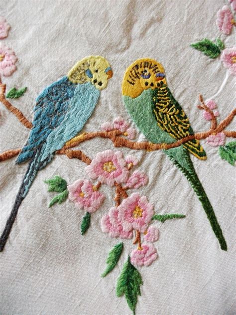 Vintage Embroidered Budgies Embroidery Patterns Vintage Hand