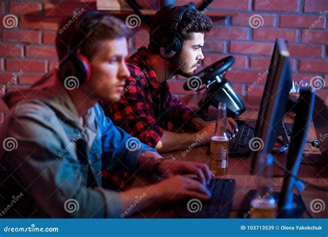 Serious Gamers Are Entertaining At Home Stock Image Image Of Home