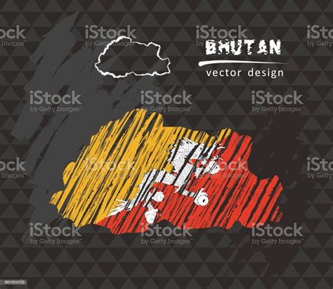 แผนที่เวกเตอร์แห่งชาติภูฏานพร้อมธงชอล์กร่าง ร่างภาพวาดมือชอล์กวาด