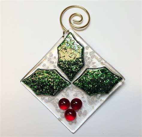 Jingle Bell Holly And Berries Fused Glass Christmas Ornament Etsy Stained Glass Christmas