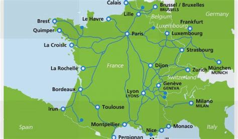 France Tgv Network Map Map Of Tgv Train Routes And Destinations In