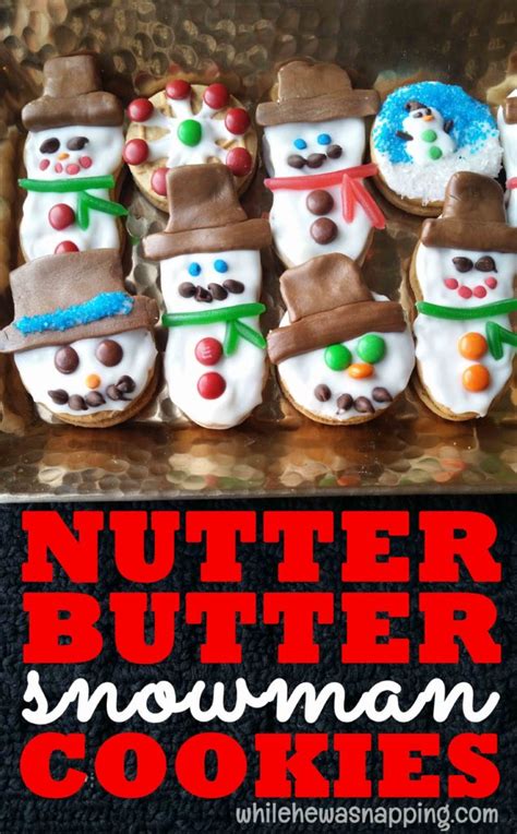 Nutter butter cookies become adorable acorns for the easiest decorated cookies you have ever made. Nutter Butter Snowmen Cookies | While He Was Napping