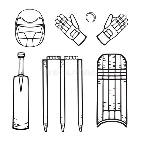 Cricket Equipment Hand Drawing In Cartoon Style Set Of Vector