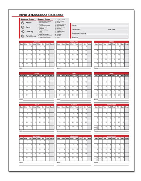 2018 Attendance Calendar 25 Pack