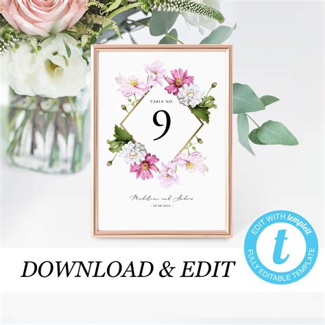 Floral Table Numbers Template Templett Wedding Table Number Sign
