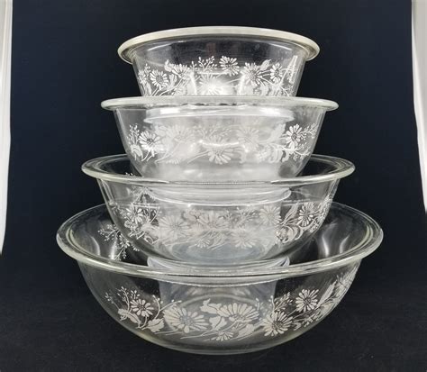 Vintage Pyrex Clear Glass Mixing Bowls Colonial Mist White Lace Pattern