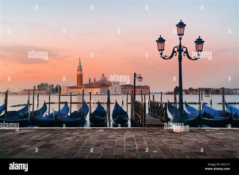 Gondola Park In Water And San Giorgio Maggiore Island In Venice At