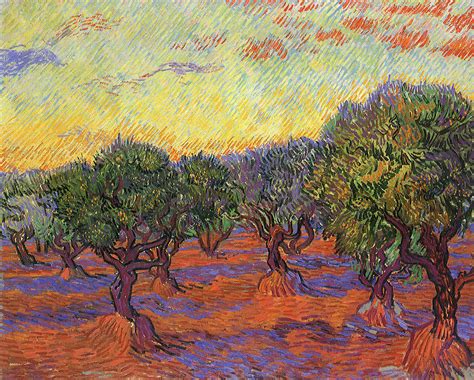 Olive Trees Orange Sky Painting By Vincent Van Gogh Pixels