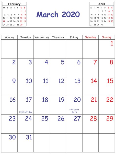 March 2020 Calendar Excel Template Printable One Platform For Digital