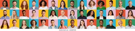 Collection Closeup Portraits Cheerful Multiracial People Stock Photo