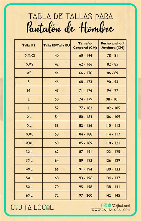 guía de tallas para pantalón y camisa de hombre