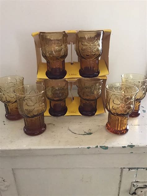 12 Vtg Mcm Libbey Country Garden Amber Glass Juice Glasses Etsy Amber Glass Railroad