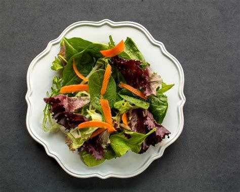 Unseasoned Organic Greens And Carrots Salad White Plate Gray Ba Stock