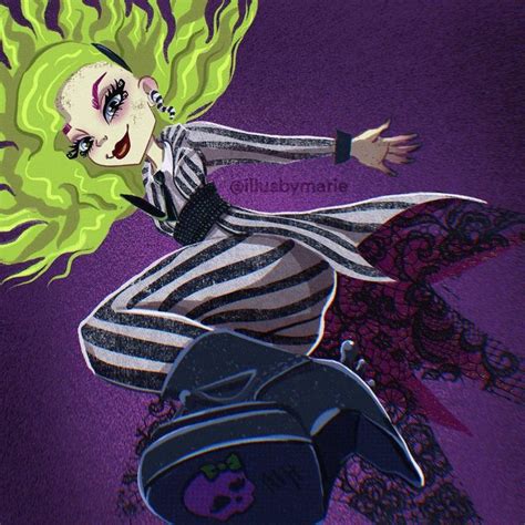 A Drawing Of A Woman Dressed In Black And White With Green Hair Wearing A Skeleton Costume