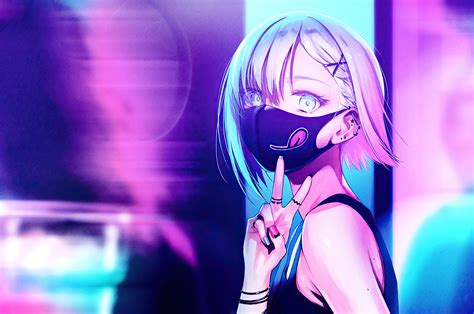 2560x1700 Anime Girl City Lights Neon Face Mask 4k Chromebook Pixel Hd 4k Wallpapers Images