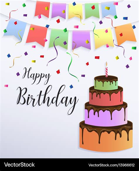 Happy Birthday Card Design With Colorful Big Cake Vector Image