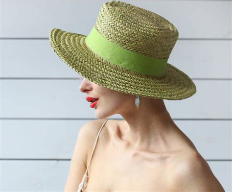 Vintage Natural Green Straw Wide Brim Summer Sun Floppy Hat Etsy