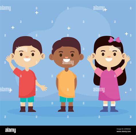 Group Of Three Happy Interracial Little Children Characters Stock