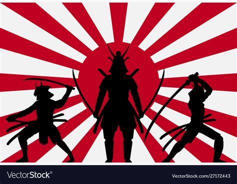 Silhouette Samurai On Rising Sun Japan Flag Vector Image