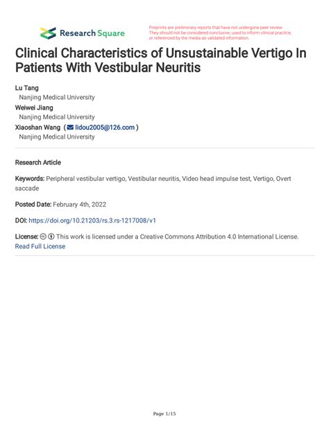 Pdf Clinical Characteristics Of Unsustainable Vertigo In Patients