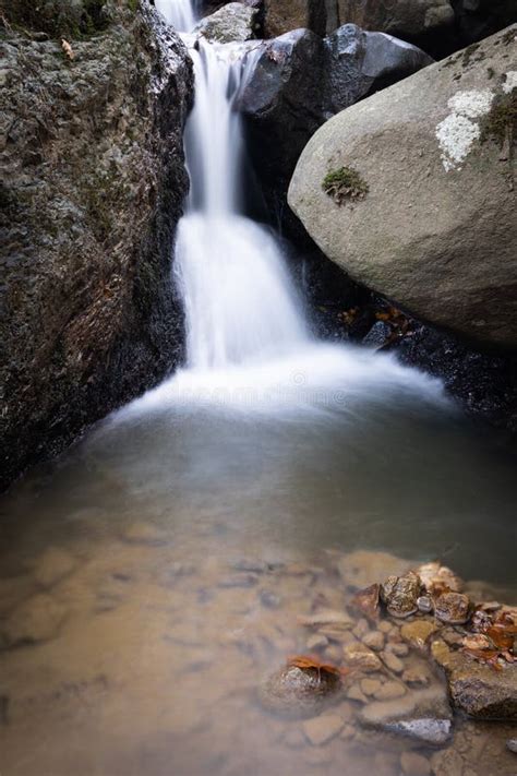 Beautiful Forest Waterfall Creek In Long Exposure In Fall Scenery Stock